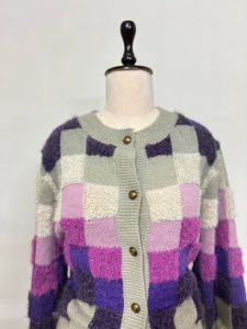 purple Checkered Knit Cardigan