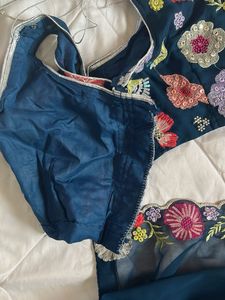 Floral Embroidered Navy Blue Saree