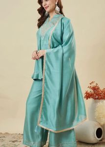 Elegant Teal Kurta Palazzo Dupatta Set