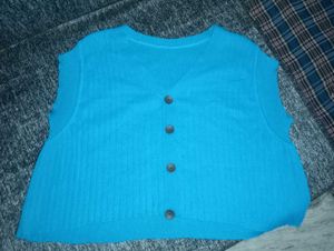 Blue Knit Button-Up Top
