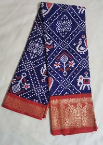 Blue &amp; Red Patterned Saree