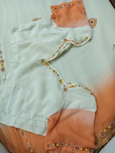 Elegant White &amp; Orange Saree with stitched blouse