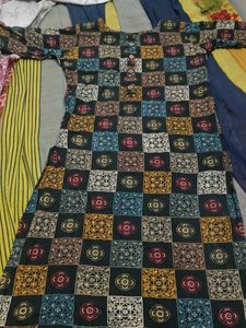 black with multi colour design straight kurti for