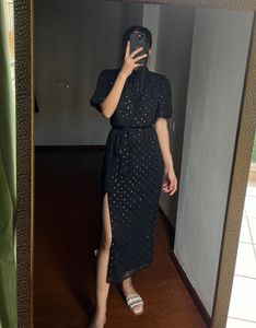 Metallic Polkadot Puff Sleeve Midi Dress