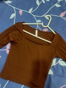 Brown Ribbed Square Neck Top