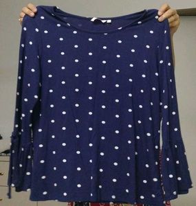 Chic Navy Blue Polka Dot Top with Bell Sleeves