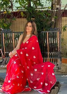 Red Heart Print Saree