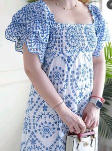 Schifili Cutwork White And Blue Dress