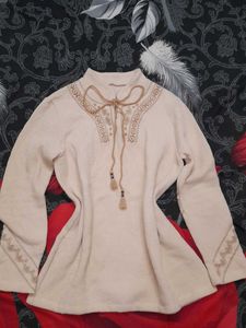 Embroidered Beige Long Sleeve Top