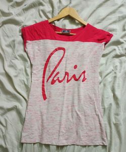 &#34;Paris&#34; Printed Pink &amp; Off White T-shirt, Size - S