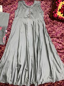 Grey Floral Embroidered Anarkali Suit Set
