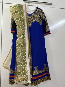 Royal Blue Embroidered Ethnic Gown with Dupatta