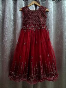 Red Embellished Girls' Dress With Jacket