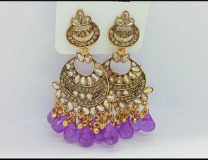 Purple Beaded Chandbali Earrings