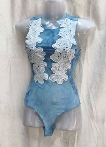 112812. Blue Floral Lace Bodysuit
