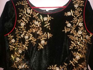 Elegant Embroidered Velvet &amp; Silk Dress