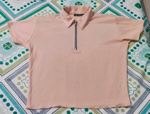 Peach Zip-Up Crop Polo