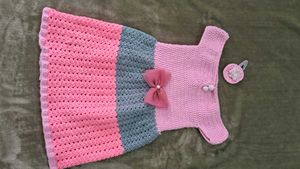 Handmade Crochet Frock with Pink Flower Hair Clip