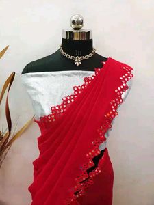 NEW FENCY GEORGETTE CUT MIRROR WORK RED SAREE