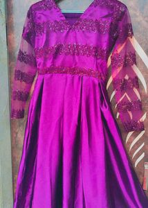 “Elegant Purple Silk Gown with Lace Sleeves