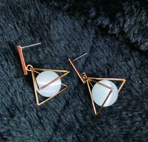 Gold Toned White Pearl Wrapped Pyramid Earings
