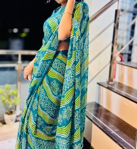 Teal & Yellow Printed Saree