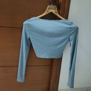 Blue Ribbed Long Sleeve Coquette Crop Top