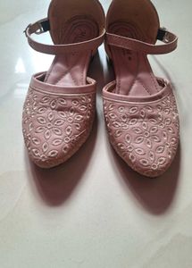 Pink Embroidered Ankle Strap Flats