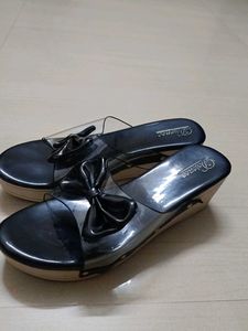 Desenes Black Bow Clear Slide Sandals