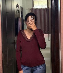 H&amp;M Maroon Ribbed Top with Lace