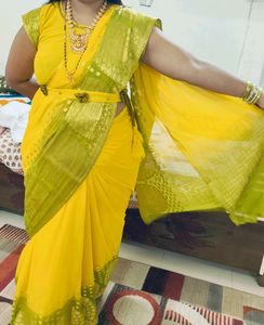 Yellow Green Dual Colour Saree With Stitch Blouse