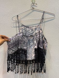 Boho Print Fringe Crop Top