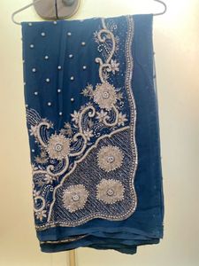 Royal Pearl Beaded Heavy Embellished Grey Saree