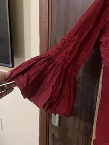 Maroon Cotton Top With Bell Sleeves