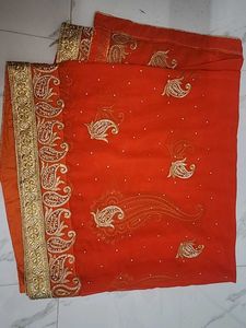 Orange Festive Saree With Embroidery + Stones Work