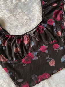 Urbanic Black Floral Printed Mesh Top