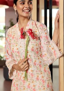 Libas Beige Floral Lace Details Kurta With Palazzo