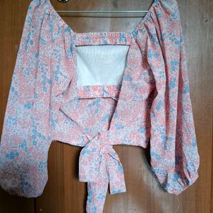 Floral print bishop sleeves backless top for women