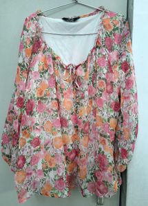 max Floral Printed Tie - Up Neck Puff Sleeves Top