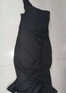 Asymmetrical Shoulder Black Dress