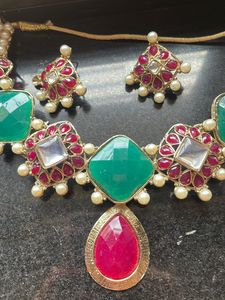 Zaveri Pearls Green Maroon Set With White Pearl