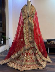 Red Heavy Work Lehenga With Dupatta (No Blouse)