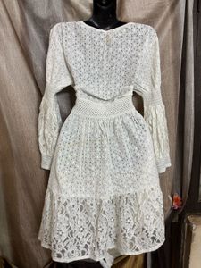 Boho Eyelet Lace Mini Dress with Crochet Waist