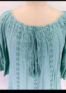 New Eyelet Embroidery Peasant Top With Tassels