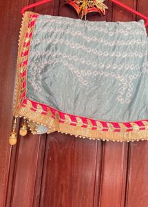 Embroidered Blue Bandani duppata with pink border