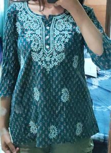 Teal Embroidered Short Kurti