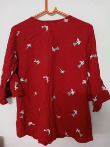 Red Bird Print Top