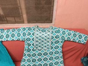 Brand New CyanColor CottonKurti With Cyan Bottom
