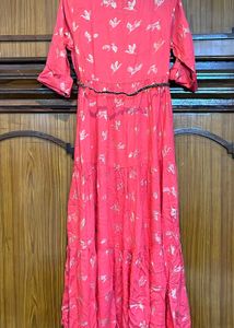 Coral Gown with Bird Print