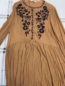 Embroidered Brown Midi Dress